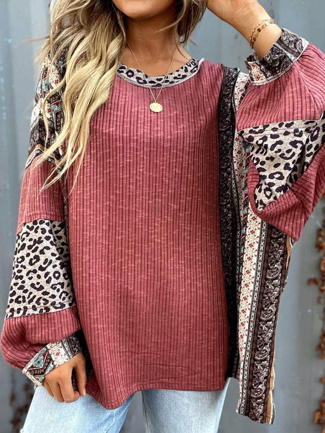 Leopard Round Neck Long Sleeve Sweatshirt - Trendsi - Flyclothing LLC
