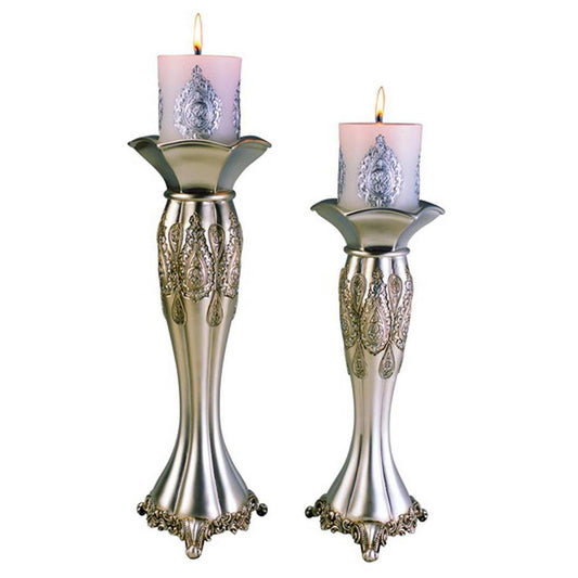 Set of Two Silver Metallic Polyresin Ornate Tabletop Pillar Candle Holders With Candle - Homeroots - Flyclothing LLC