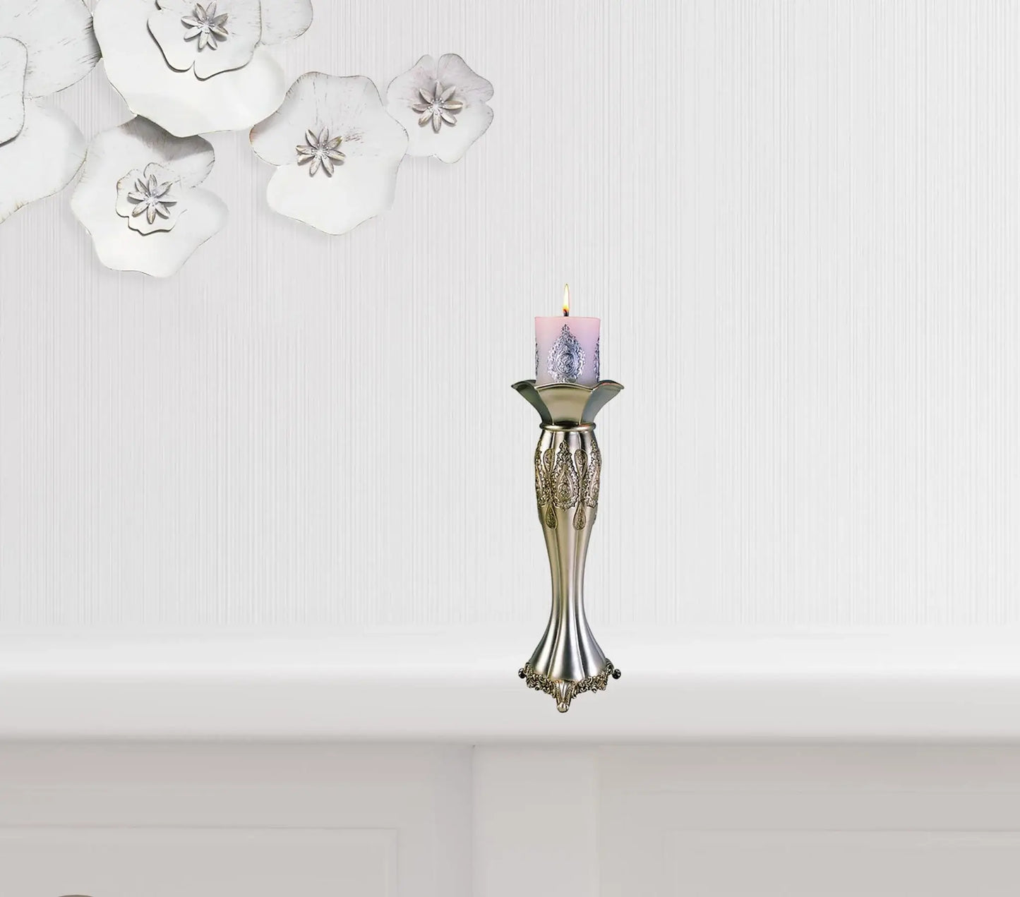 Set of Two Silver Metallic Polyresin Ornate Tabletop Pillar Candle Holders With Candle - Homeroots - Flyclothing LLC