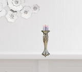 Set of Two Silver Metallic Polyresin Ornate Tabletop Pillar Candle Holders With Candle - Homeroots - Flyclothing LLC