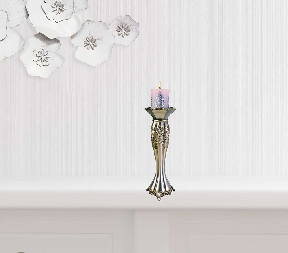 Set of Two Silver Metallic Polyresin Ornate Tabletop Pillar Candle Holders With Candle - Homeroots - Flyclothing LLC