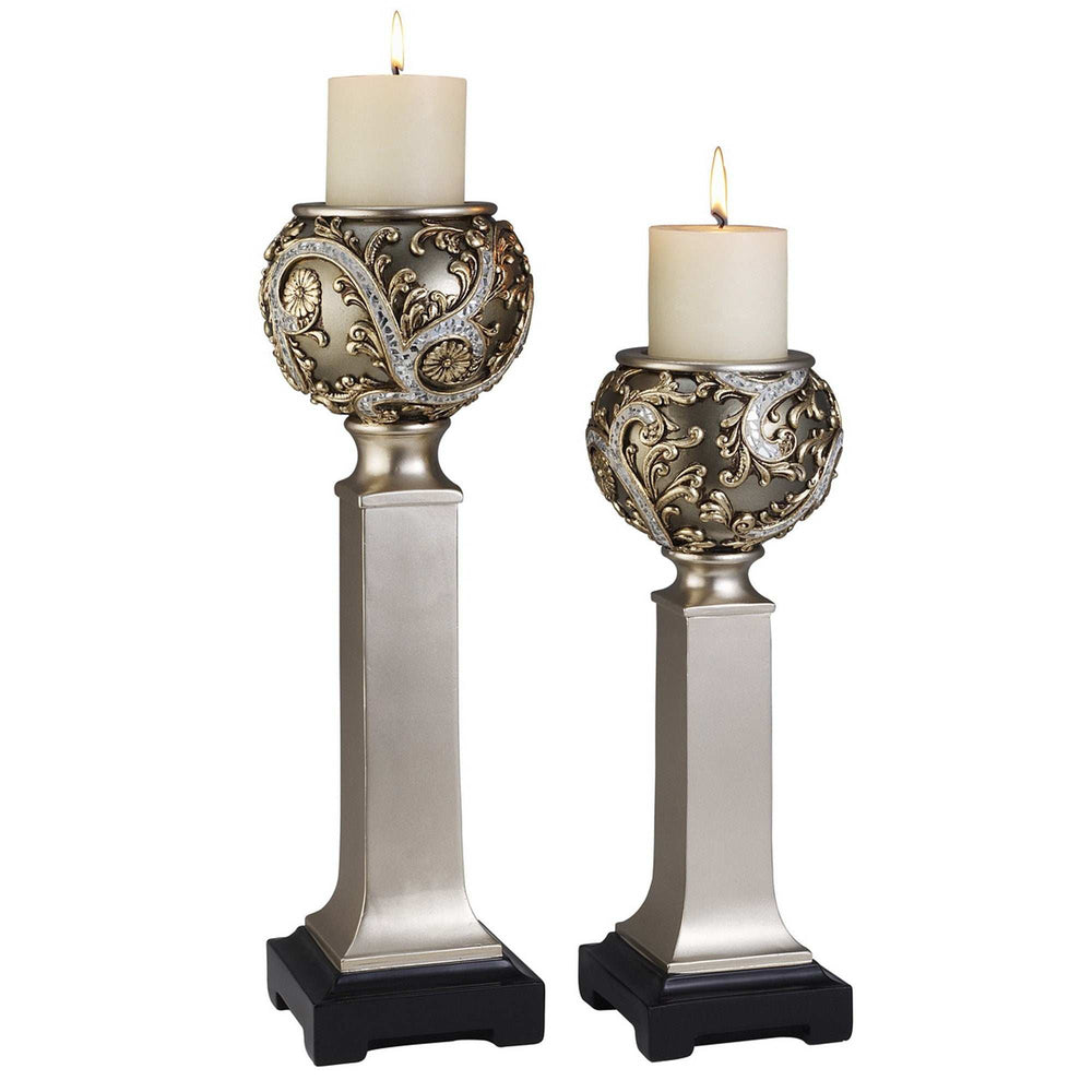 Set of Two Silver Polyresin Filigree Tabletop Pillar Candle Holders With Candle - Homeroots - Flyclothing LLC
