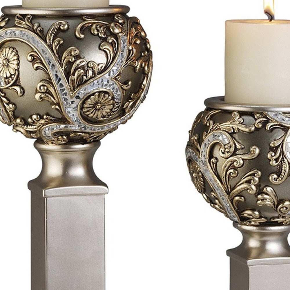 Set of Two Silver Polyresin Filigree Tabletop Pillar Candle Holders With Candle - Homeroots - Flyclothing LLC