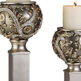 Set of Two Silver Polyresin Filigree Tabletop Pillar Candle Holders With Candle - Homeroots - Flyclothing LLC