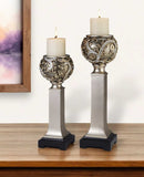 Set of Two Silver Polyresin Filigree Tabletop Pillar Candle Holders With Candle - Homeroots - Flyclothing LLC