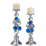 Set Of Two Silver and Blue Bling Tabletop Pillar Candle Holders - Homeroots - Flyclothing LLC