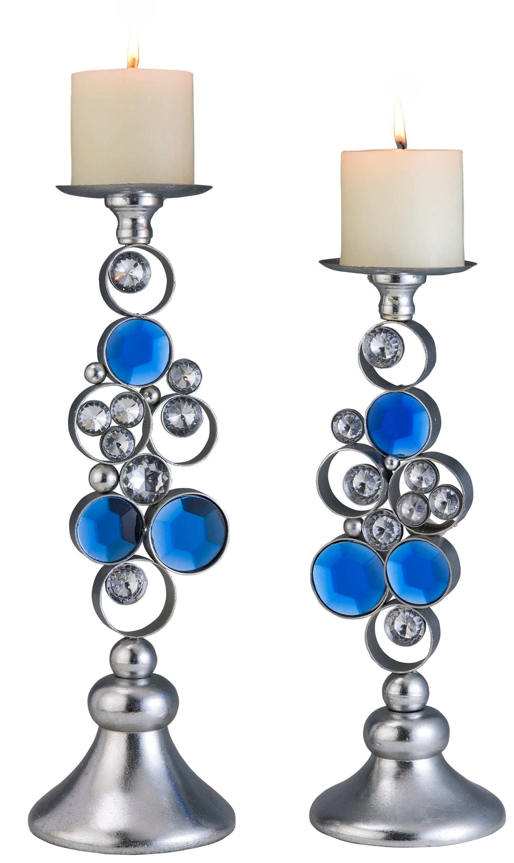 Set Of Two Silver and Blue Bling Tabletop Pillar Candle Holders - Homeroots - Flyclothing LLC