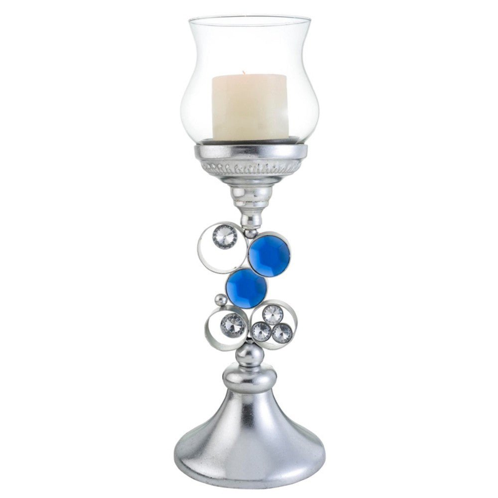 18" Silver and Blue Faux Crystal Bling Hurricane Candle Holder - Homeroots - Flyclothing LLC