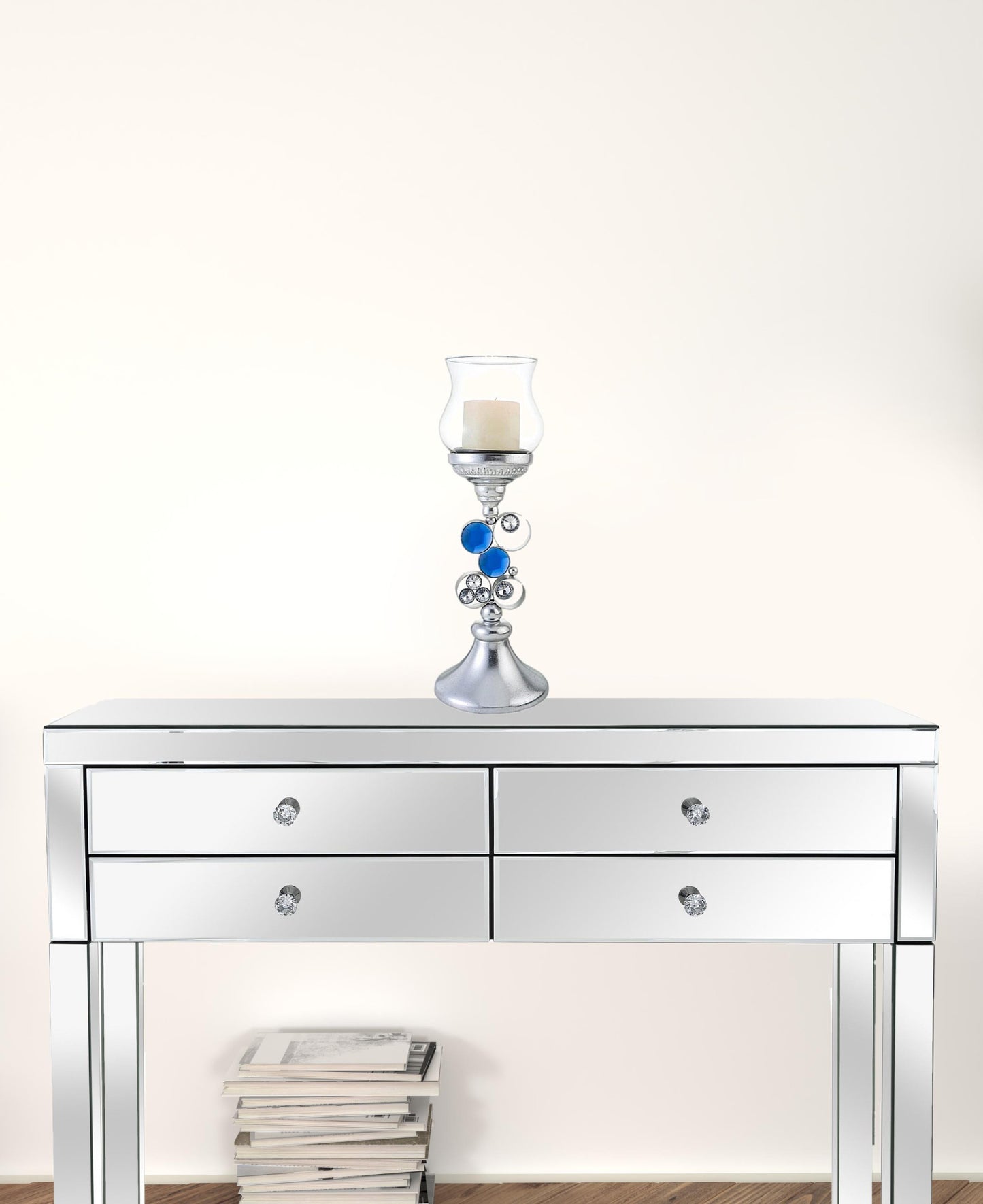18" Silver and Blue Faux Crystal Bling Hurricane Candle Holder - Homeroots - Flyclothing LLC