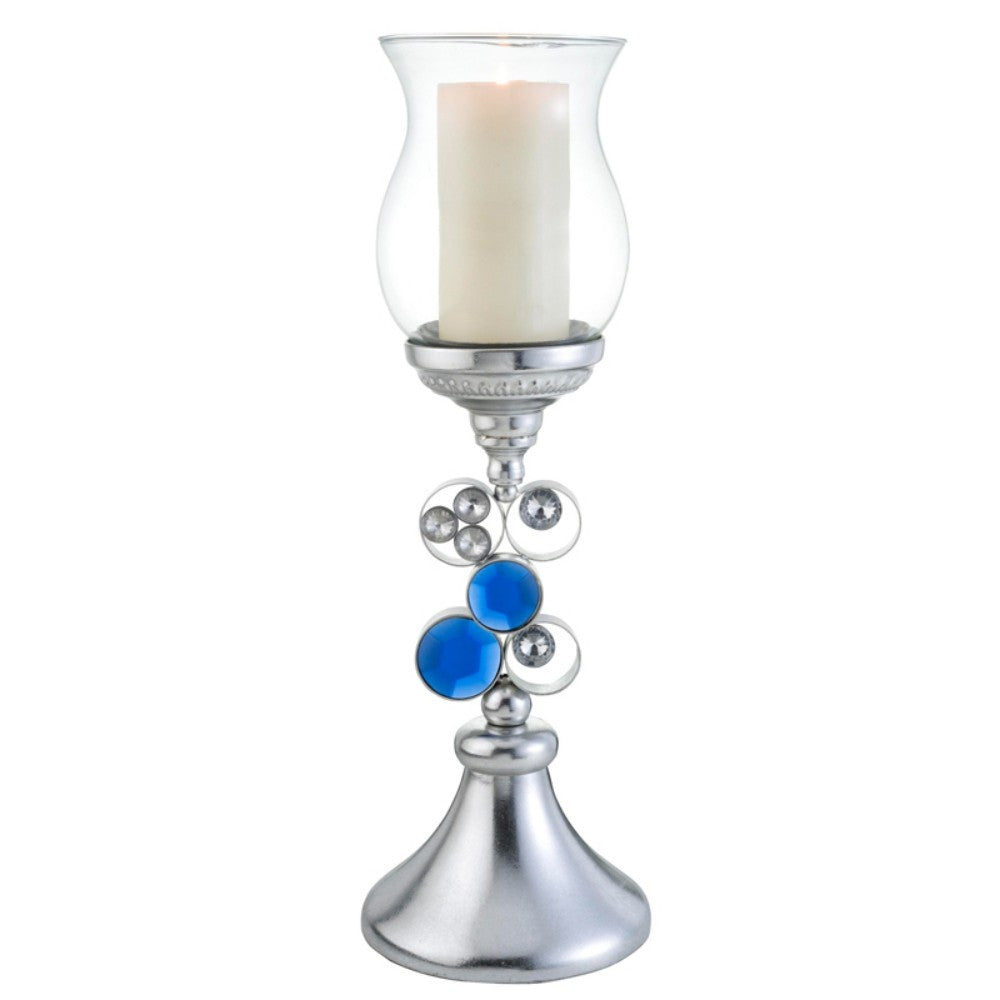 21" Silver and Blue Faux Crystal Bling Hurricane Candle Holder - Homeroots - Flyclothing LLC