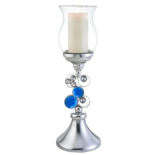 21" Silver and Blue Faux Crystal Bling Hurricane Candle Holder - Homeroots