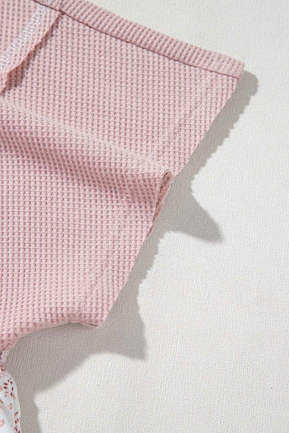 Waffle Floral Patchwork Exposed Seam Detail Short Sleeve Top - Trendsi - Flyclothing LLC