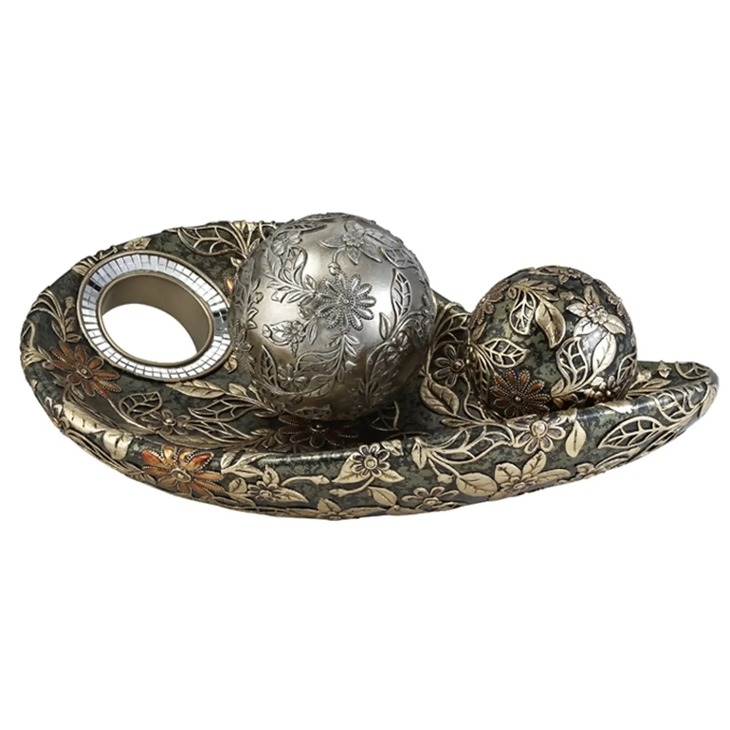 8" Green Silver And Gold Polyresin Decorative Bowl With Orbs - Homeroots - Flyclothing LLC