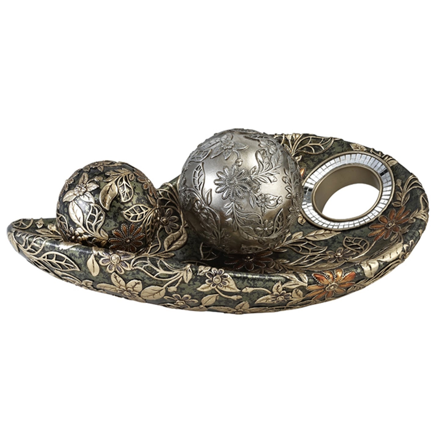 8" Green Silver And Gold Polyresin Decorative Bowl With Orbs - Homeroots - Flyclothing LLC