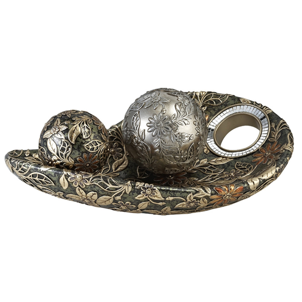 8" Green Silver And Gold Polyresin Decorative Bowl With Orbs - Homeroots