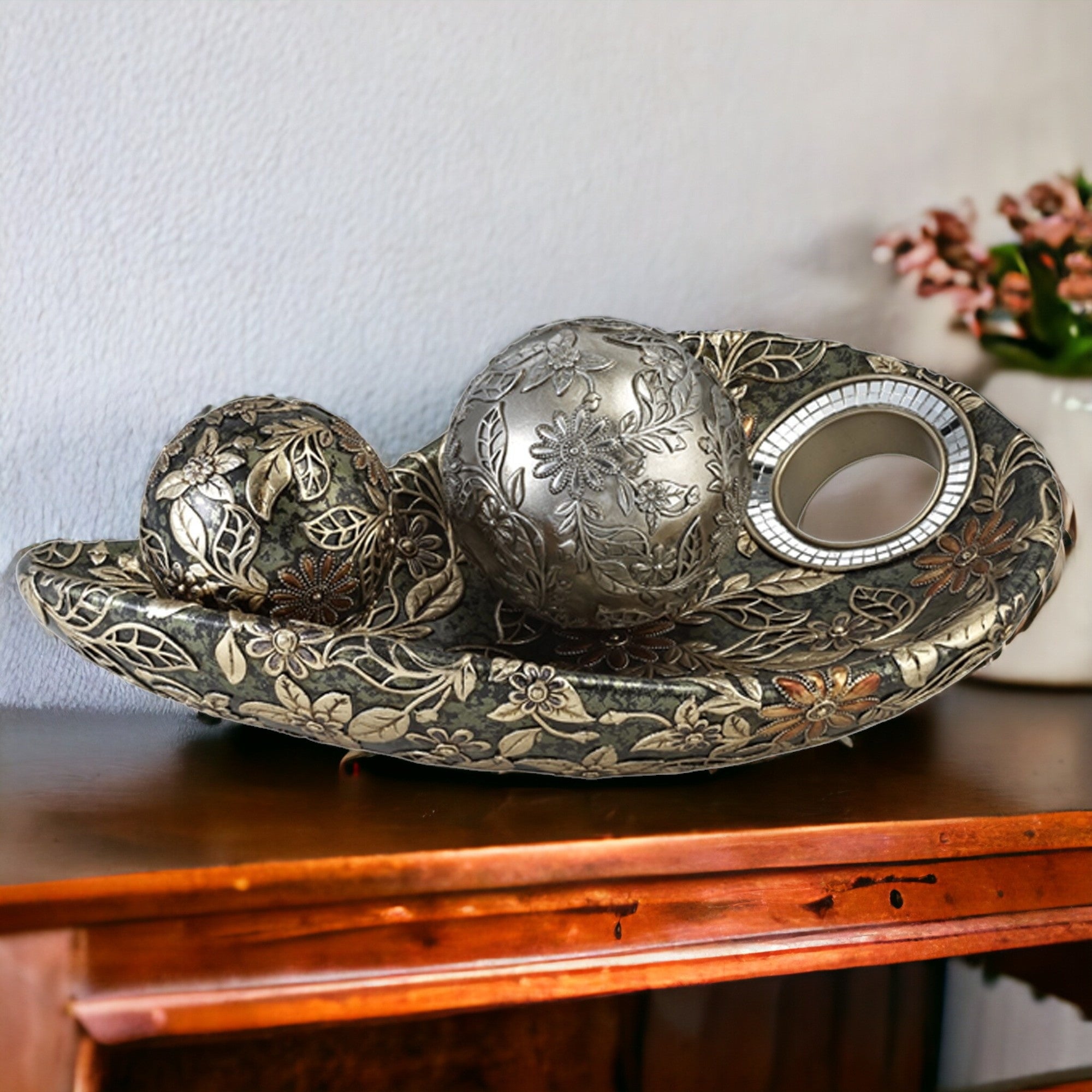 8" Green Silver And Gold Polyresin Decorative Bowl With Orbs - Homeroots - Flyclothing LLC