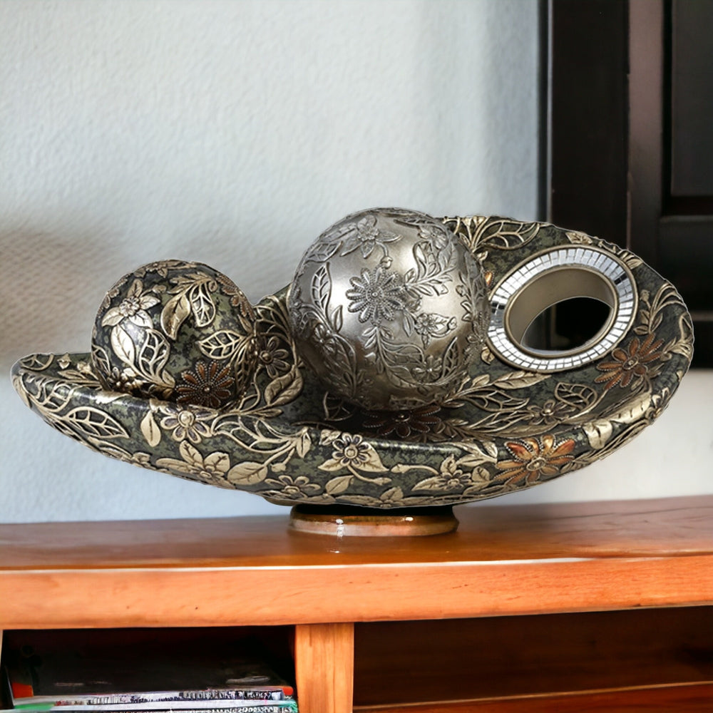 8" Green Silver And Gold Polyresin Decorative Bowl With Orbs - Homeroots - Flyclothing LLC