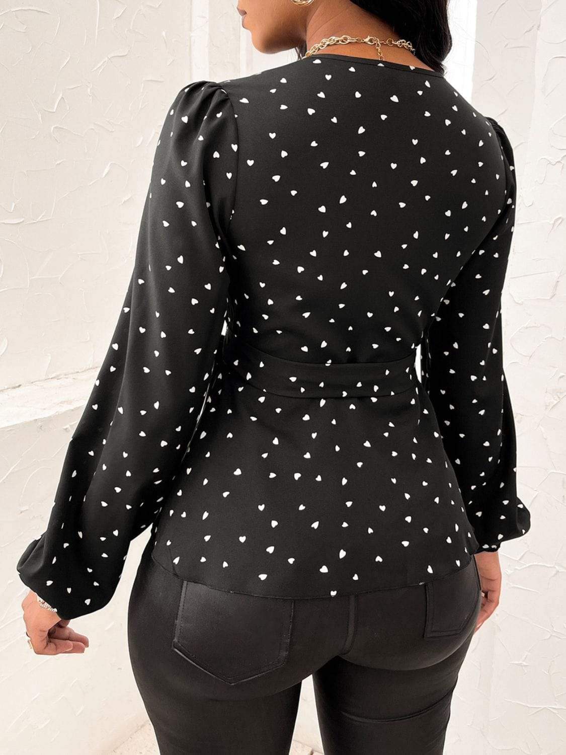 Heart Print Surplice Balloon Sleeve Blouse - Trendsi - Flyclothing LLC