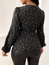 Heart Print Surplice Balloon Sleeve Blouse - Trendsi - Flyclothing LLC