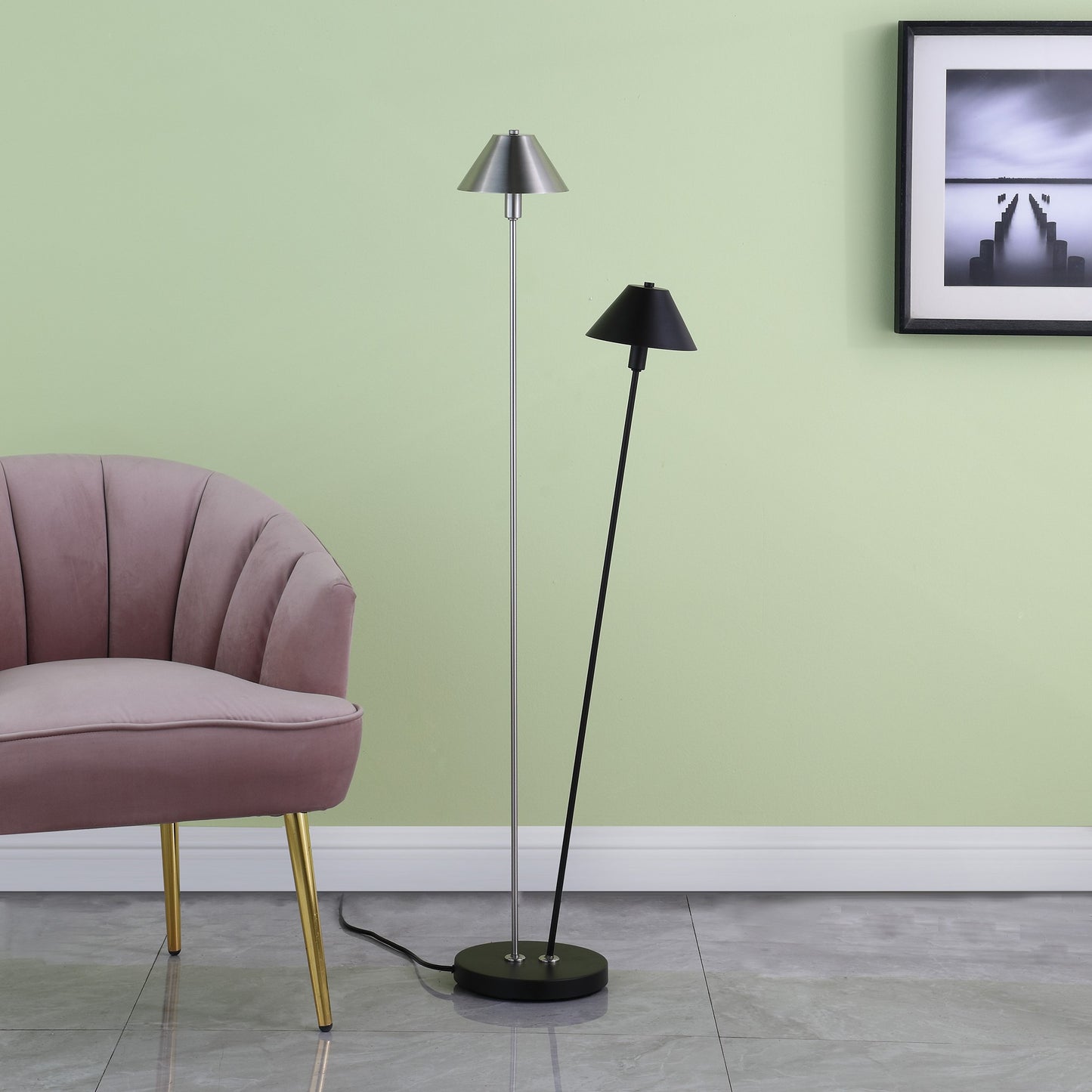 48" Nickel Two Lights LED Novelty Floor Lamp With Black And Silver Empire Shade - Homeroots - Flyclothing LLC