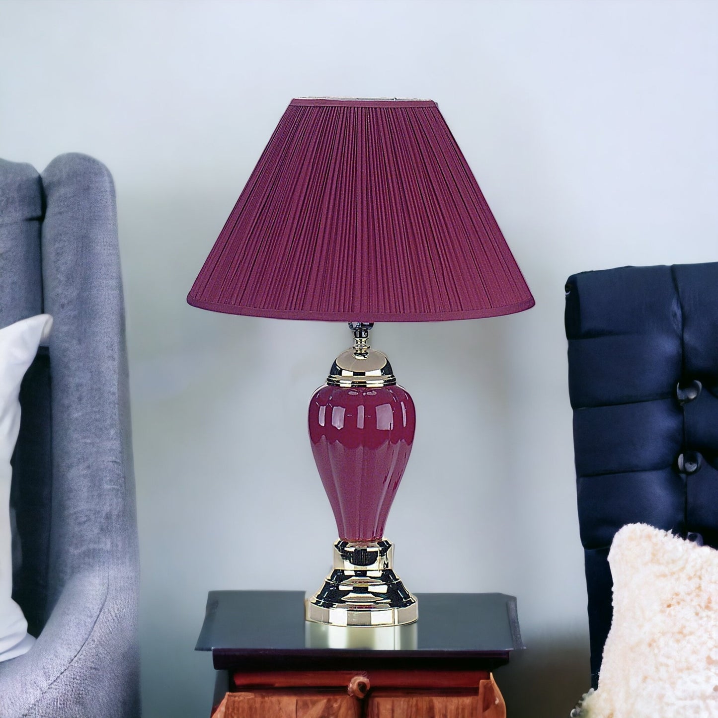 27" Silver Ceramic Bedside Table Lamp With Magenta Empire Shade - Homeroots - Flyclothing LLC