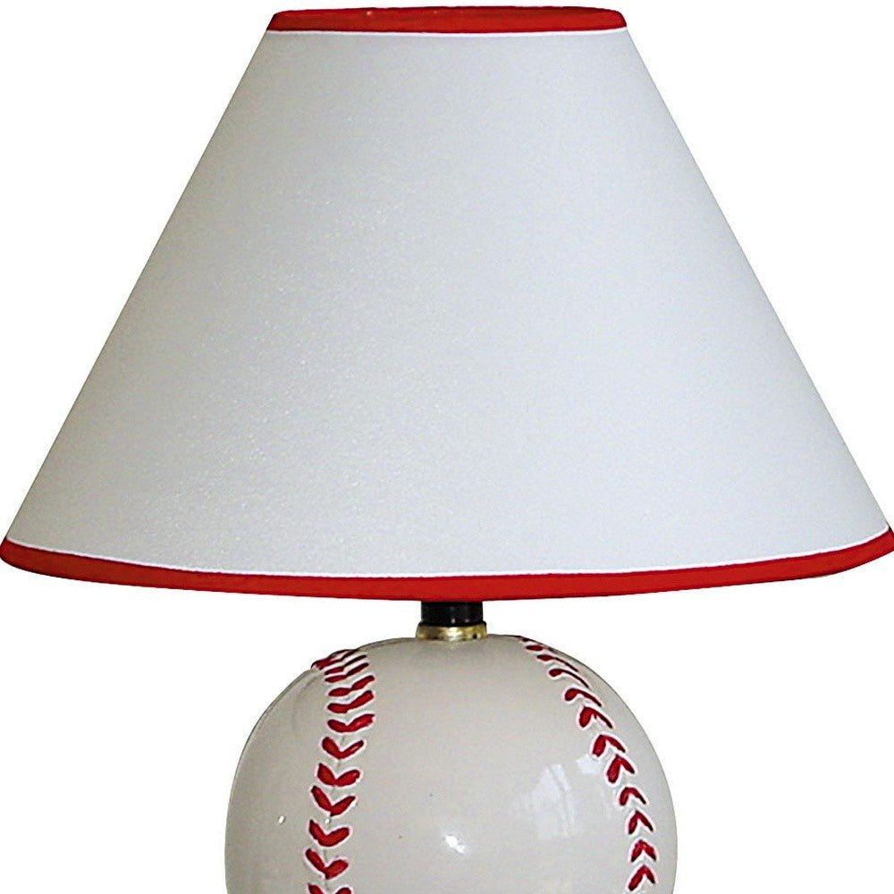 12" White and Red Ceramic Baseball Sports Table Lamp With White and Red Empire Shade - Homeroots - Flyclothing LLC