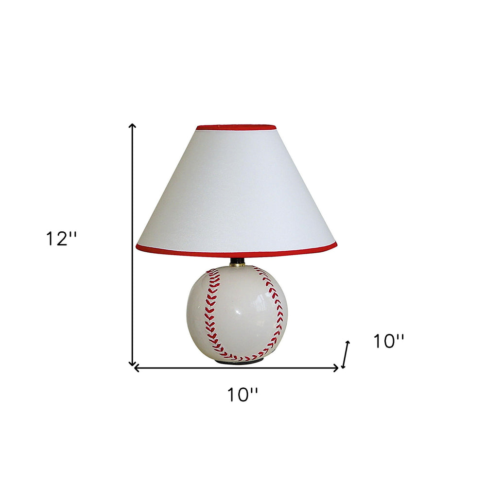 12" White and Red Ceramic Baseball Sports Table Lamp With White and Red Empire Shade - Homeroots - Flyclothing LLC