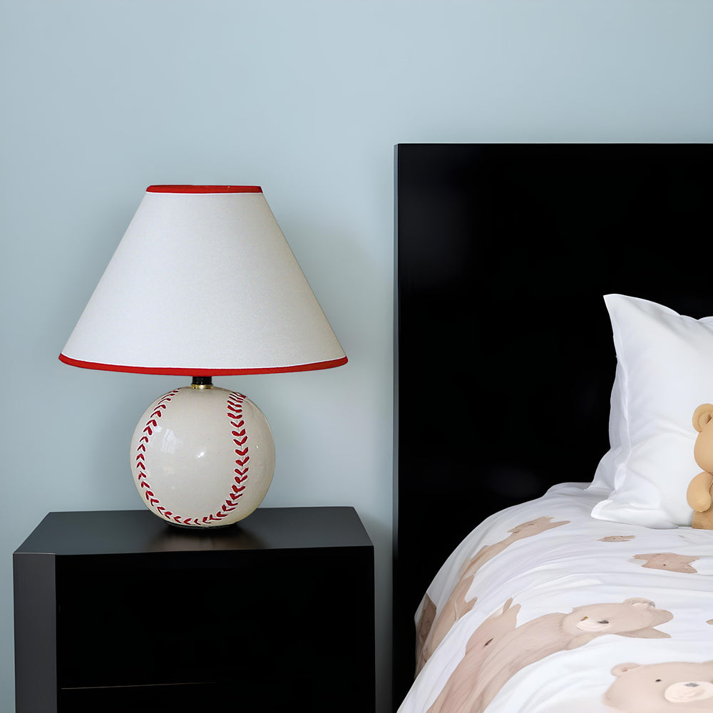 12" White and Red Ceramic Baseball Sports Table Lamp With White and Red Empire Shade - Homeroots