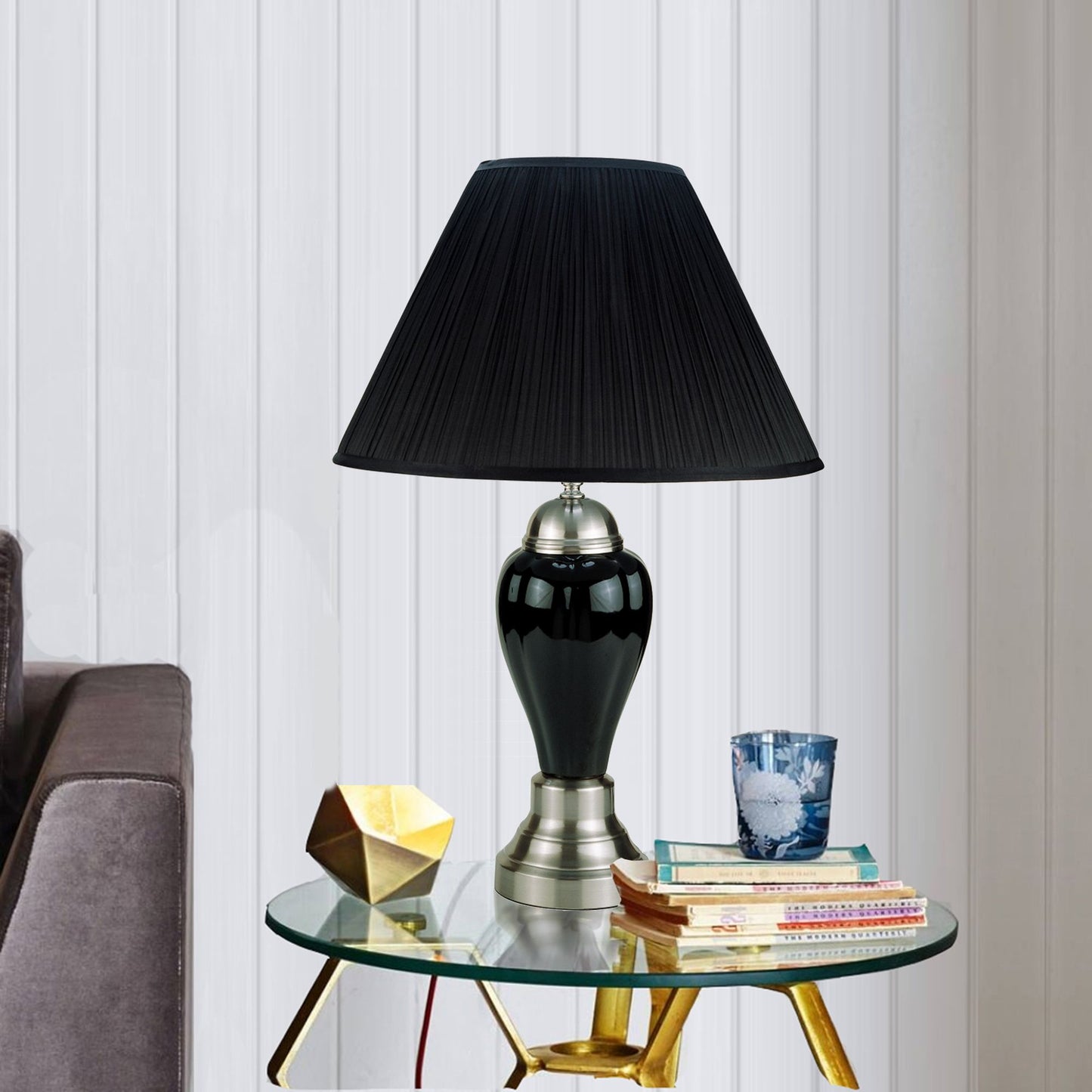 27" Black and Silver Ceramic Urn Table Lamp With Black Empire Shade - Homeroots - Flyclothing LLC