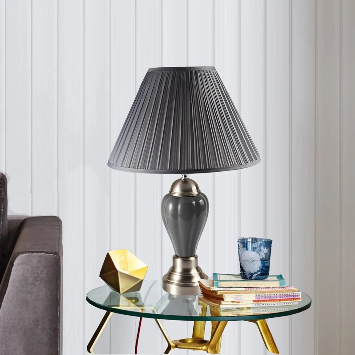 27" Gray and Silver Metal Urn Table Lamp With Gray Empire Shade - Homeroots - Flyclothing LLC