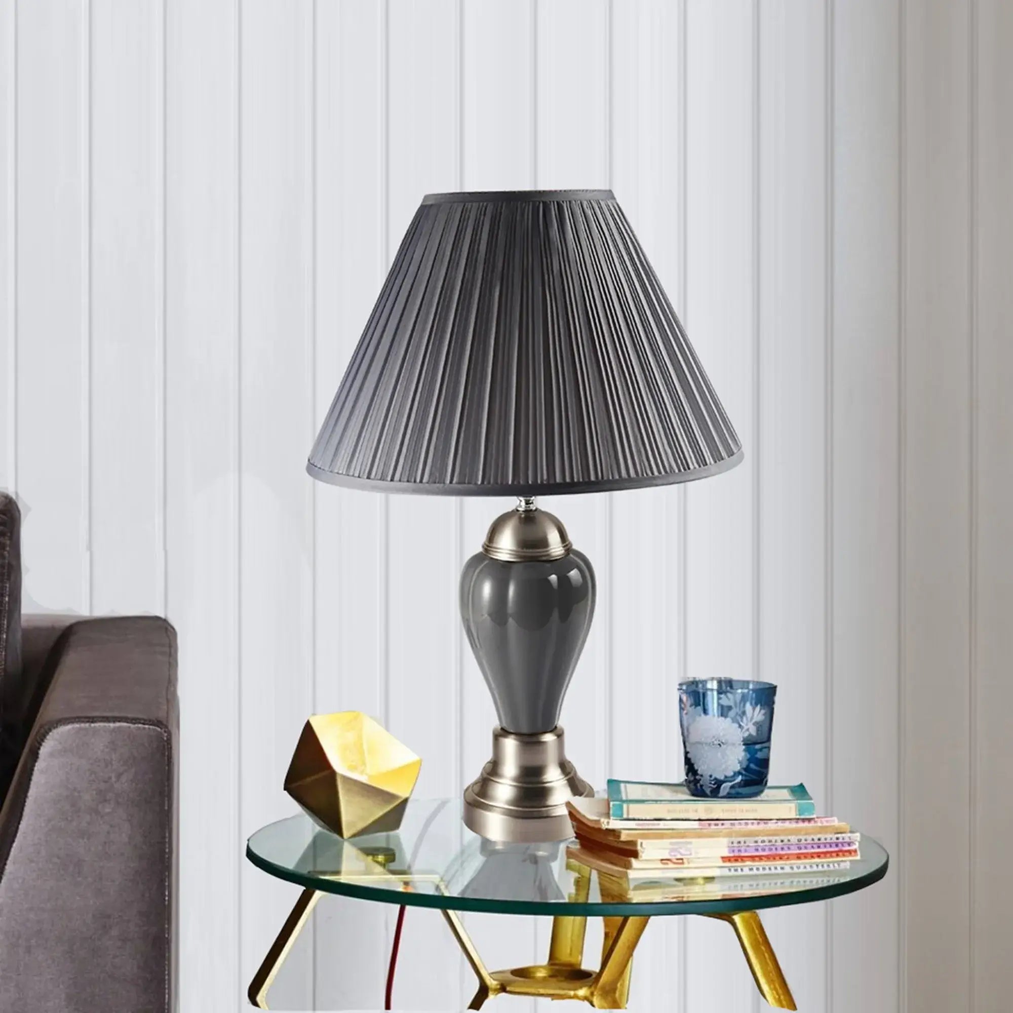 27" Gray and Silver Metal Urn Table Lamp With Gray Empire Shade - Homeroots - Flyclothing LLC
