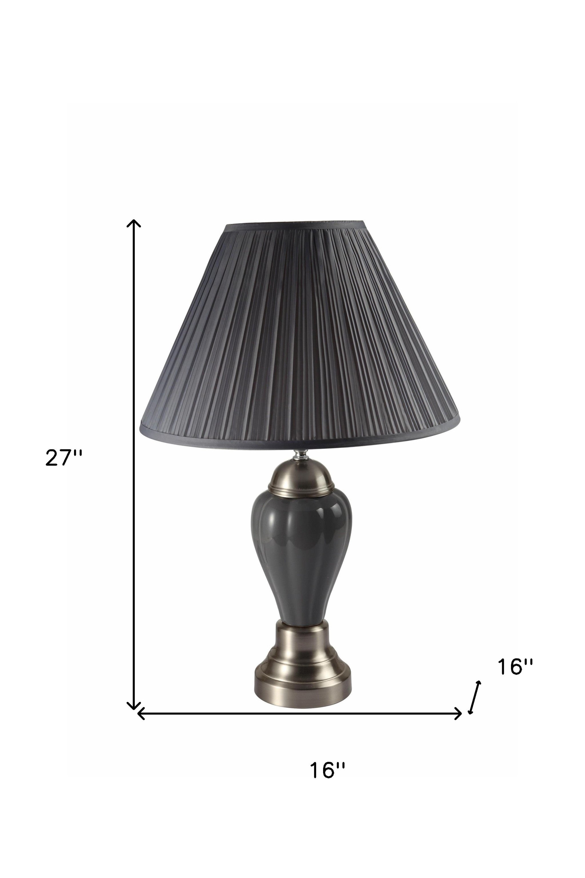 27" Gray and Silver Metal Urn Table Lamp With Gray Empire Shade - Homeroots - Flyclothing LLC