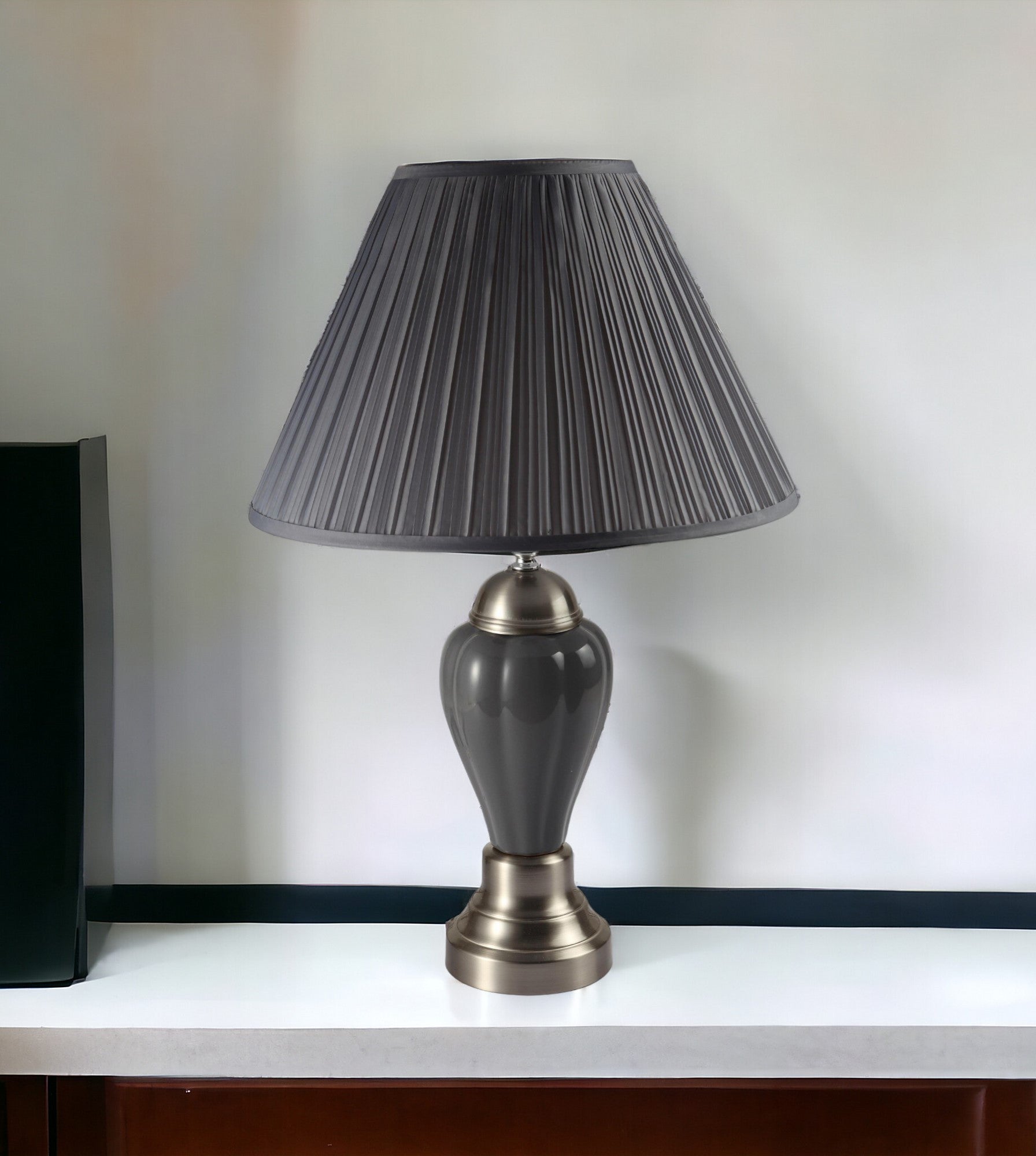 27" Gray and Silver Metal Urn Table Lamp With Gray Empire Shade - Homeroots - Flyclothing LLC
