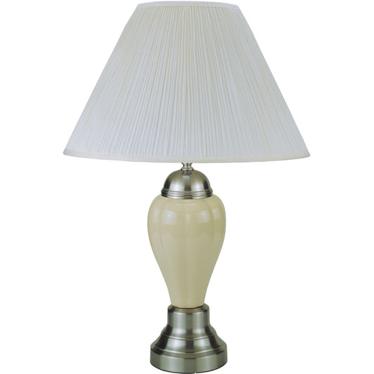 27" Ivory and Silver Ceramic Urn Table Lamp With White Empire Shade