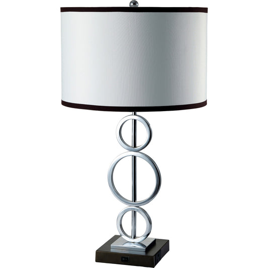 29" Silver Metal Bedside Geo Table Lamp With White and Black Trim Classic Drum Shade - Homeroots