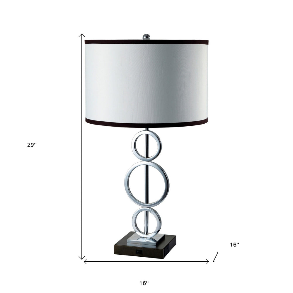 29" Silver Metal Bedside Geo Table Lamp With White and Black Trim Classic Drum Shade - Homeroots