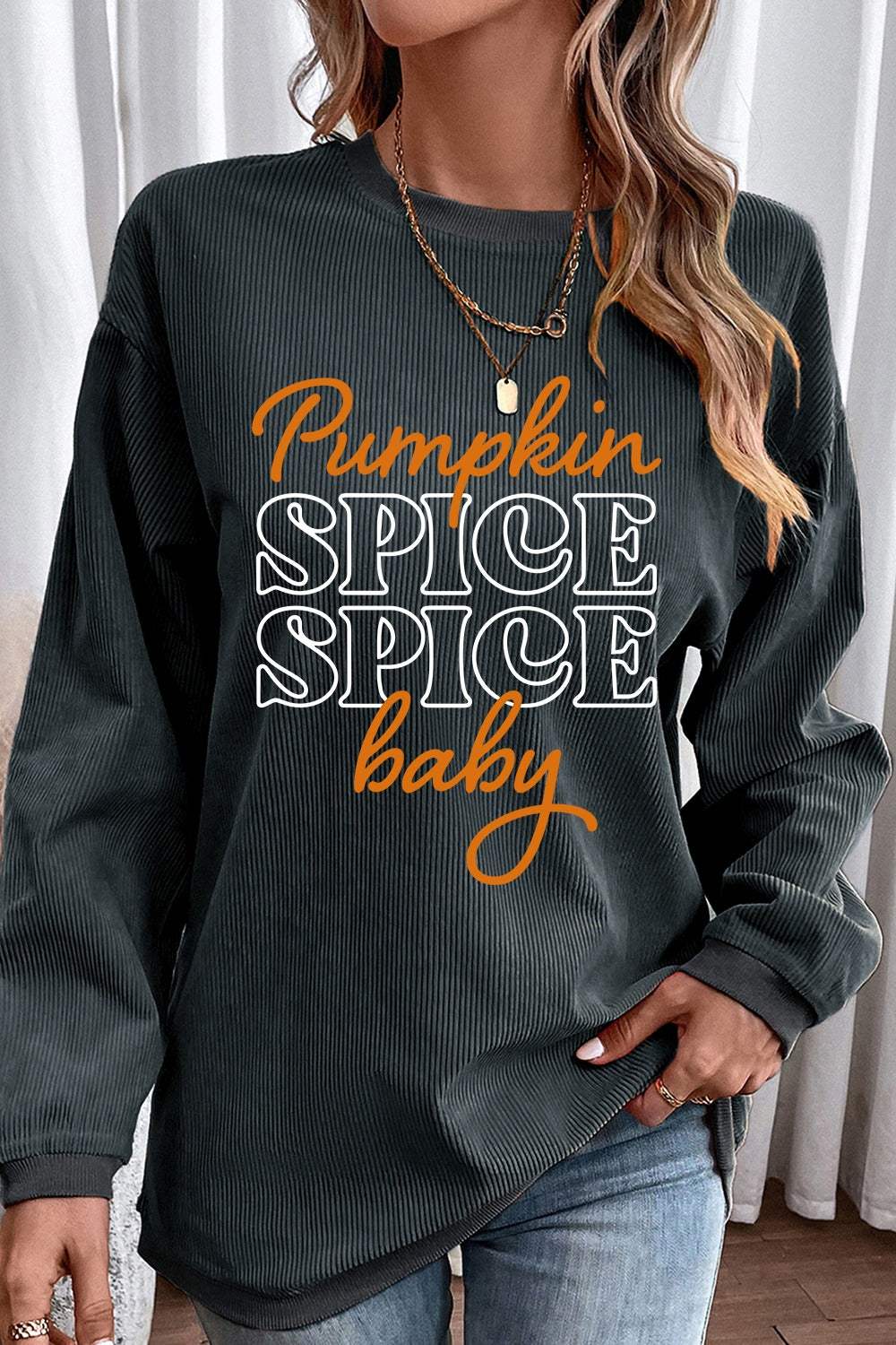 Letter Graphic Round Neck Long Sleeve Sweatshirt - Trendsi - Flyclothing LLC