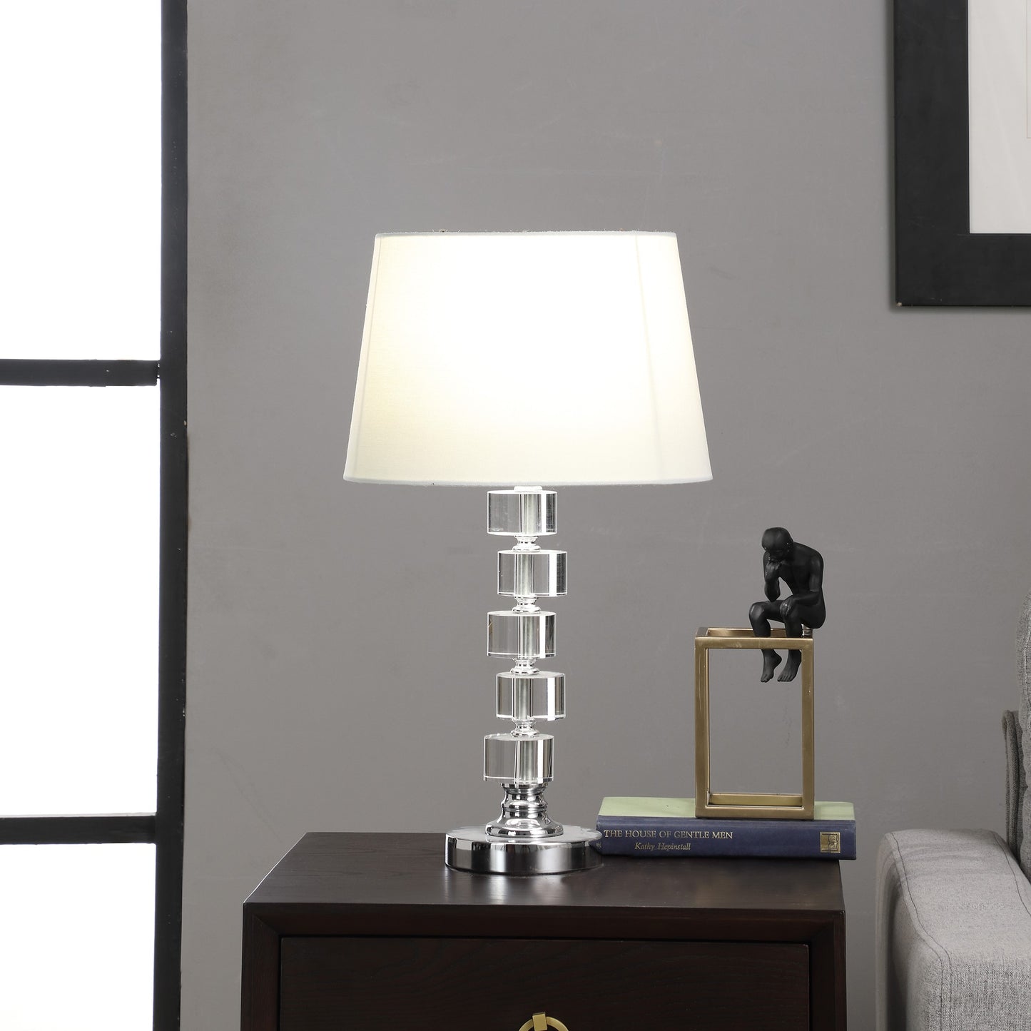 20" Silver Crystal Stacked Geo Cubes Table Lamp With White Classic Empire Shade - Homeroots - Flyclothing LLC
