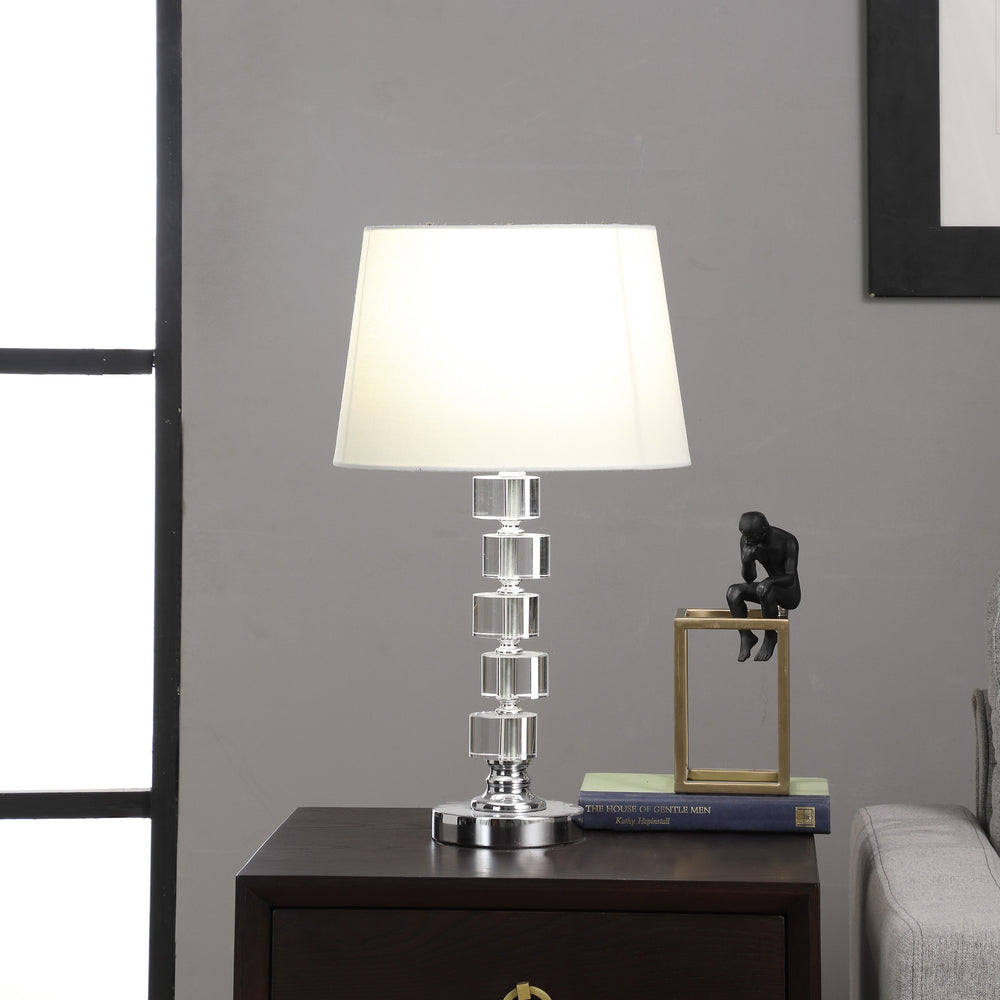 20" Silver Crystal Stacked Geo Cubes Table Lamp With White Classic Empire Shade - Homeroots