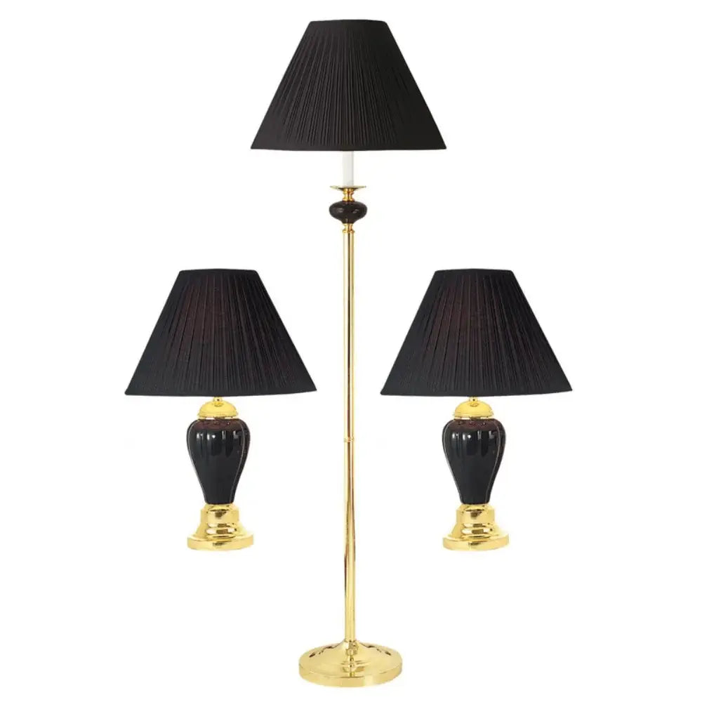 Set Of Three 64" Gold Ceramic Bedside Floor and Table Lamp Set With Black Empire Shade - Homeroots - Flyclothing LLC