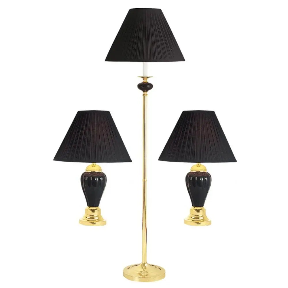 Set Of Three 64" Gold Ceramic Bedside Floor and Table Lamp Set With Black Empire Shade - Homeroots - Flyclothing LLC