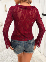 Tied V-Neck Long Sleeve Lace Top - Trendsi - Flyclothing LLC