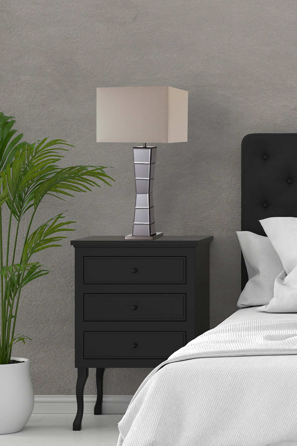 Black Glass Tower Table Lamp with Beige Fabric Shade - Homeroots - Flyclothing LLC
