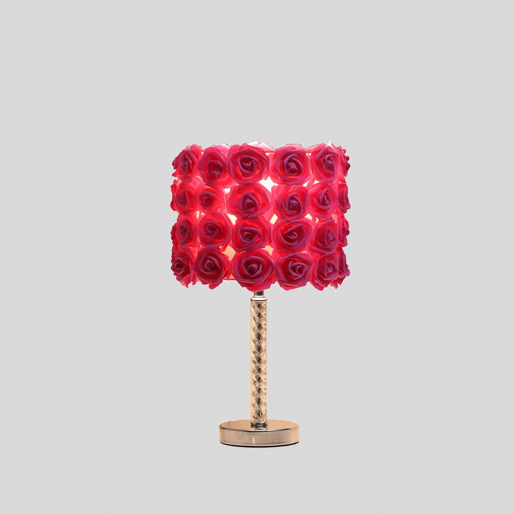 18" Silver Bedside Led Table Lamp With Red Flowers Drum Shade - Homeroots - Flyclothing LLC