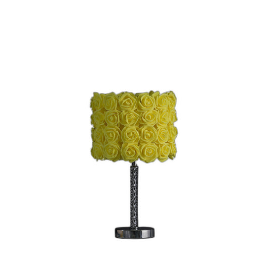 18" Silver Bedside Table Lamp With Yellow Flowers Drum Shade - Homeroots