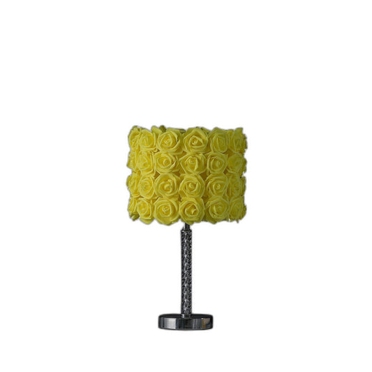 18" Silver Bedside Table Lamp With Yellow Flowers Drum Shade - Homeroots