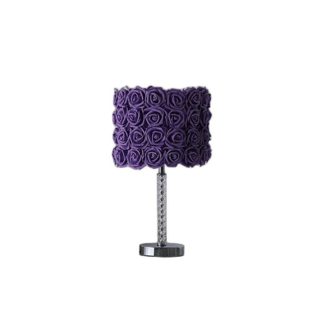 18" Silver Bedside Table Lamp With Purple Flowers Drum Shade - Homeroots