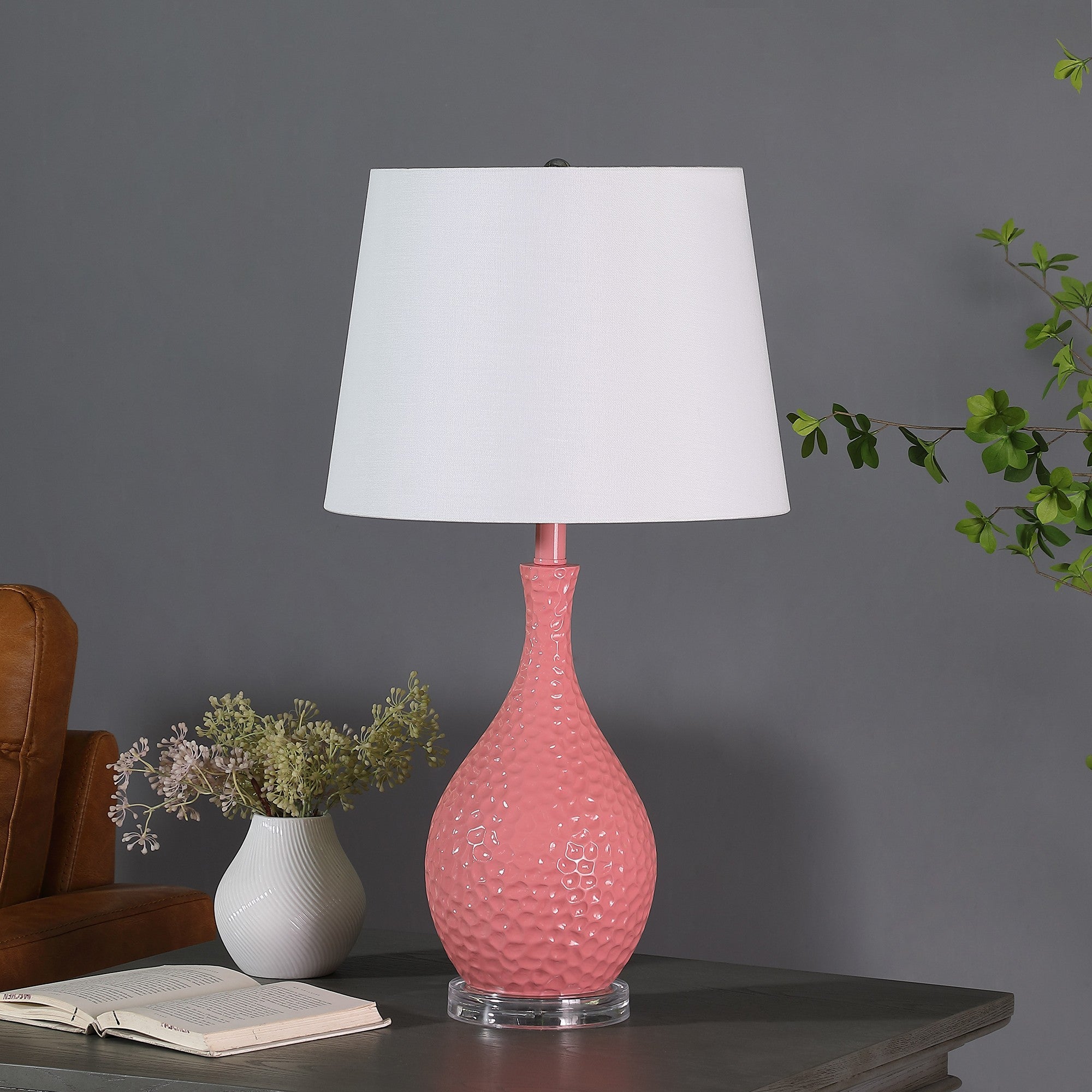 28" Pink Hammered Urn Table Lamp With White Tapered Drum Shade - Homeroots - Flyclothing LLC