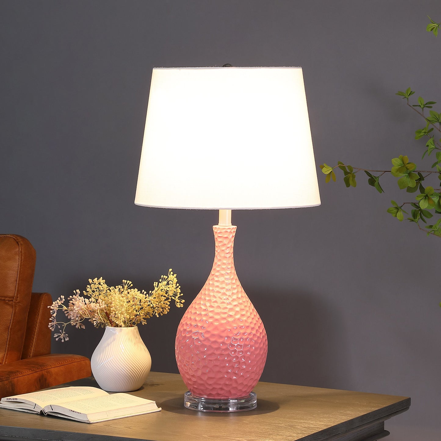 28" Pink Hammered Urn Table Lamp With White Tapered Drum Shade - Homeroots - Flyclothing LLC