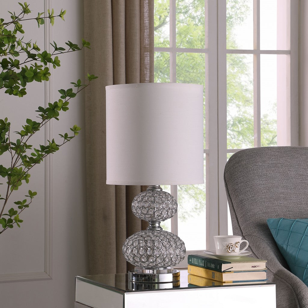 24" Chrome and Faux Crystal Double Orb Table Lamp With White Classic Drum Shade - Homeroots - Flyclothing LLC